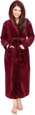 Women's Fleece Hooded Bathrobe Plush Long Spa Robe,w/Pockets X-Large, Burgundy