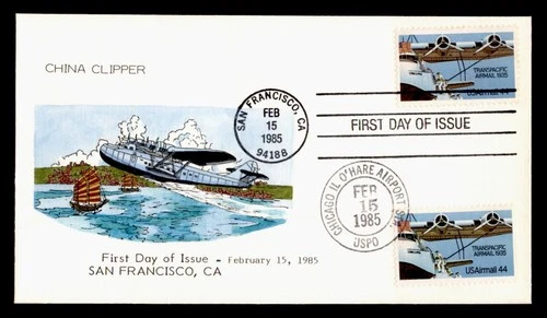 DR WHO 1985 FDC CHINA CLIPPER AIRMAIL ANV HAND COLORED CACHET DUAL CANCEL M75775