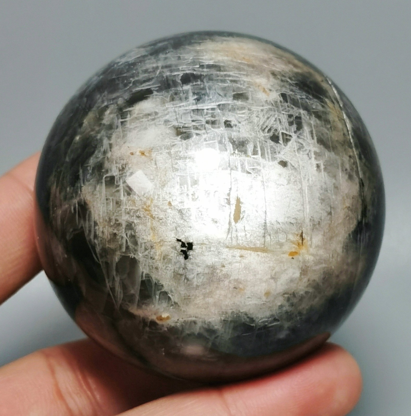 Natural Amazing Black MOONSTONE Crystal Polished Sphere Ball Orbicular Reiki Sta