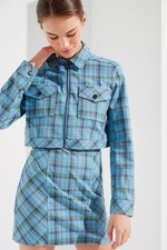 Urban Outfitters As If Y2K baby blue/brown cotton Plaid Cropped Jacket sz L