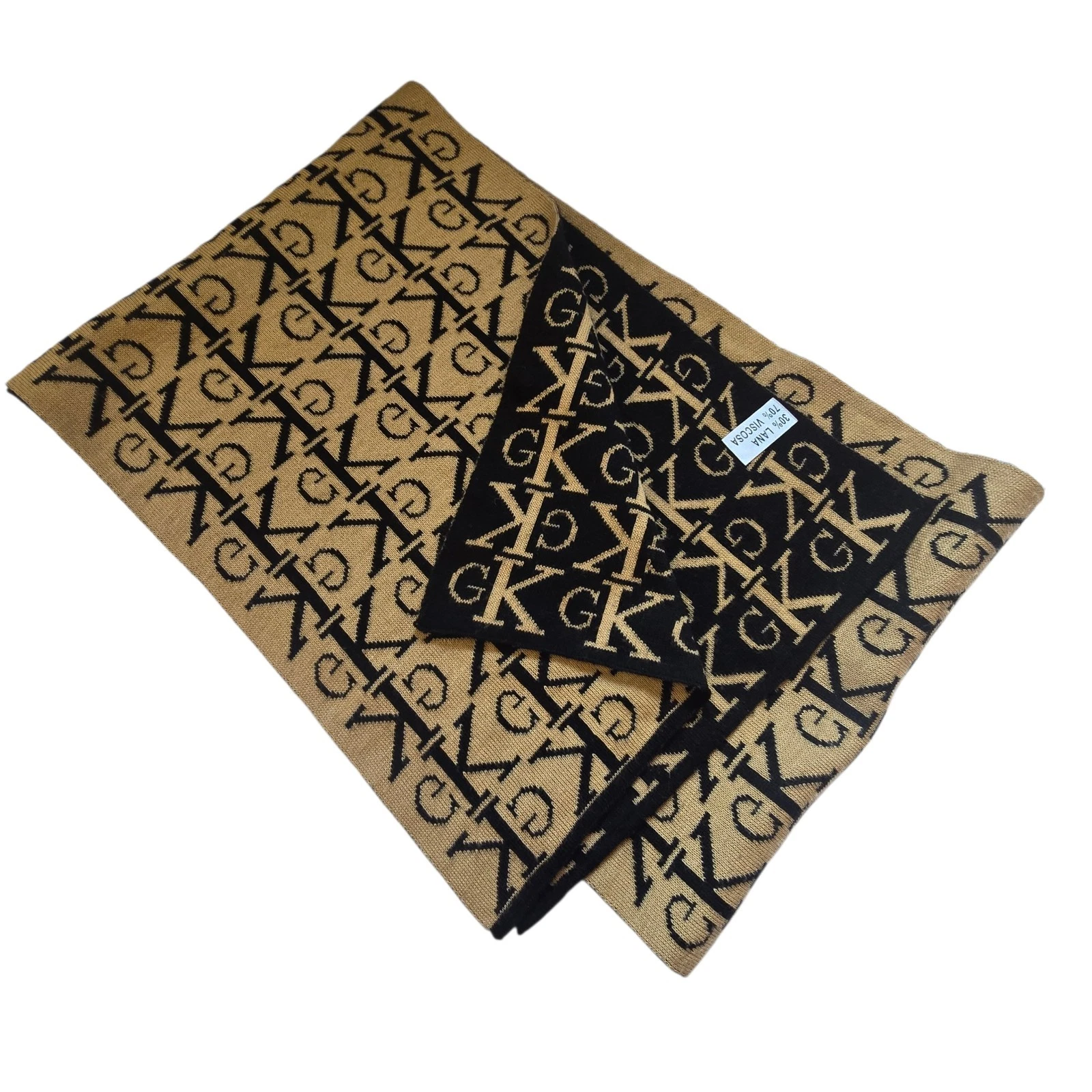 Calvin Klein Women's Knit Scarf CK Logo Tan/Black 12"x64” Winter Warm Outdoor