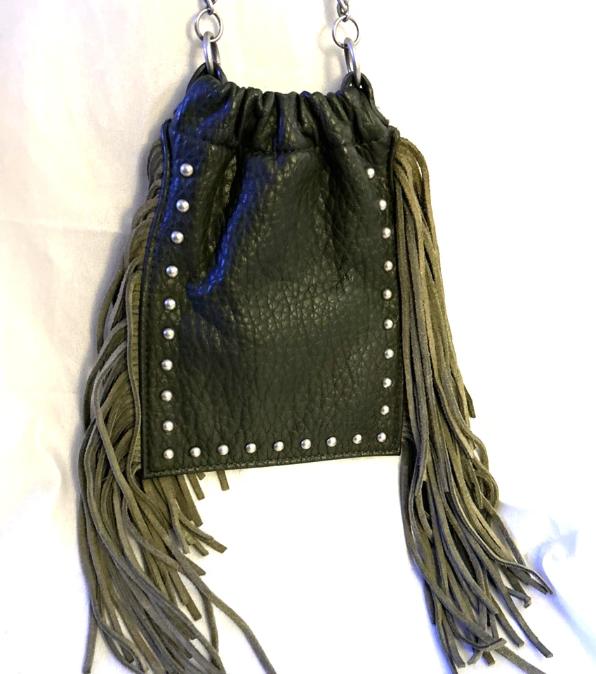 DV Boho Suede Fringe Purse Chain Strap Bag Leather? Studded Western Small Green - Image 3 of 4