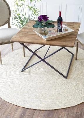 Weiß Teppich Rug Natur Jute Handgeflochten Modern Dekor Wohnbereich Rund Rug - Bild 1 von 4