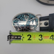 Paris Full Grain Leather Belt Deer Mosaic Buckle Blue White Strap Size 34