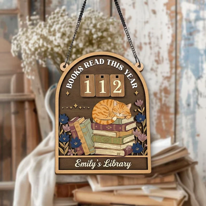 Personalized Cat Reading Tracker Sign, Personalized Wooden Book Counter