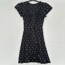 Oasis Black White Butterfly Print Fit & Flare Dress Size S V Neck Flutter Sleeve