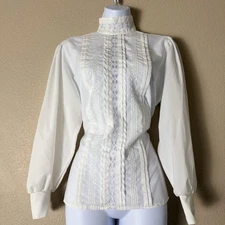 Vintage White Lace Pintuck Blouse Size 12 High Neck 1970s Secretary Top Feminine