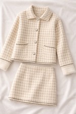 Elegant Beige Houndstooth Tweed Jacket & Mini Skirt Set