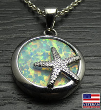Sterling Silver Round Green Starfish Ocean Beach Pendant Rolo Necklace 18 inches