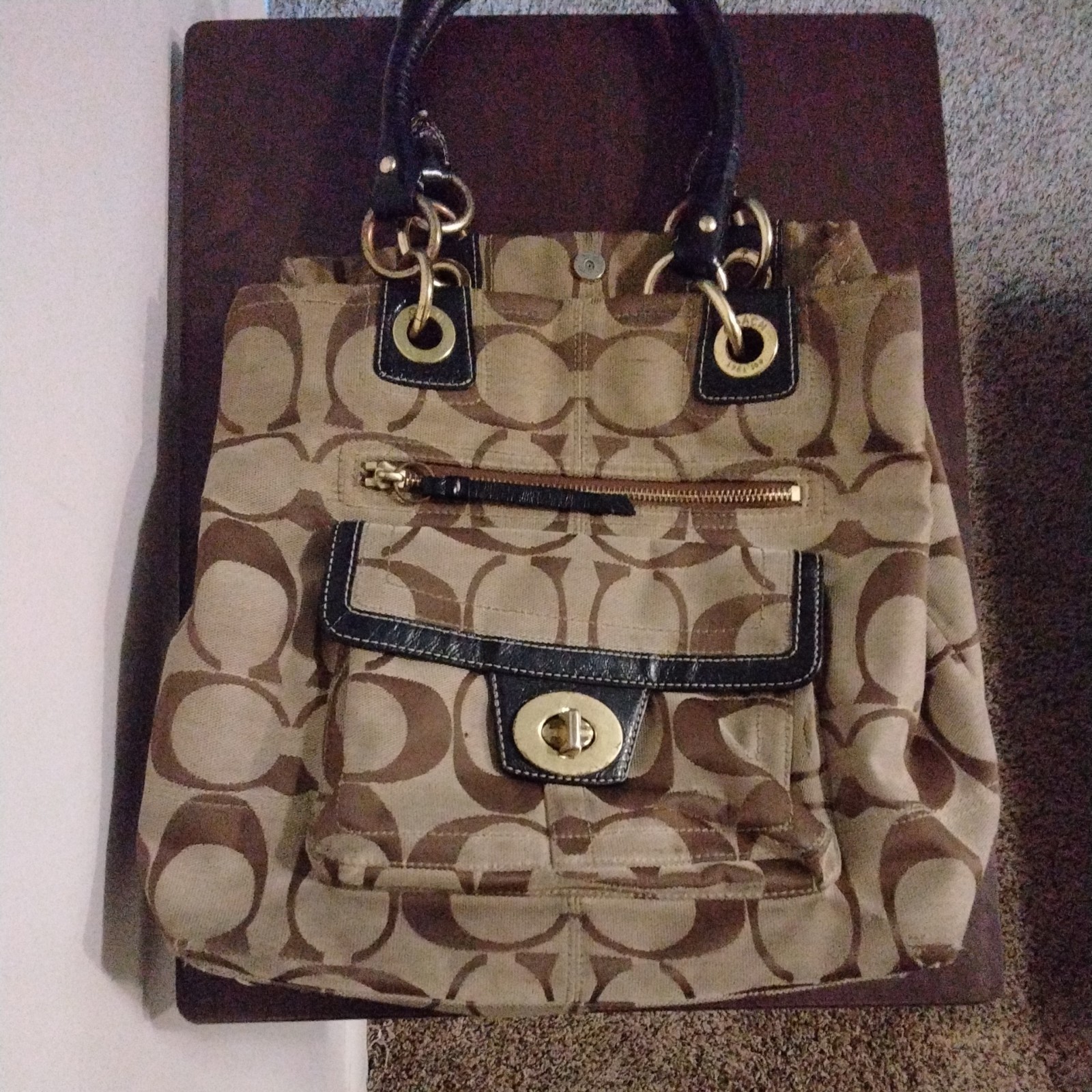 Coach Hampton Signature Logo Tote in Khaki Black Patent Leather