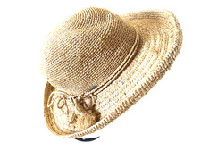 SCALA COLLECTION Hat Beige Straw Woven Double Tie with Poms One Size
