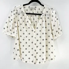 LOFT Petites White Black Eyelet Dot Short Sleeve V Neck Blouse Top MP