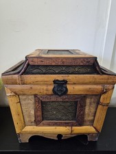 Chinese Bamboo And Wood Storage Chest Ornate Carving
