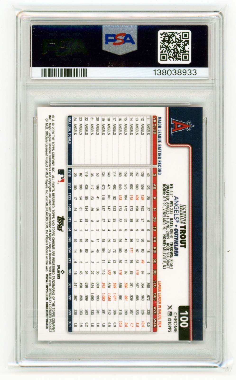 2025 Topps Chrome - Mike Trout - Red Lava /5 - Los Angeles Angels - PSA 10 view 2