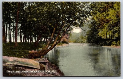 Clinton Illinois~Pastime Park~Boating on Creek~Makeshift Dock~c1910 Postcard