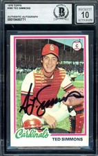Ted Simmons Gem Mint 10 Beckett BAS Signed 1978 Topps Autograph Cardinals