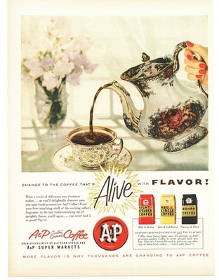 1956 A&P Coffee Vintage Print Ad Eight O'Clock Red Circle Bokar China Teapot