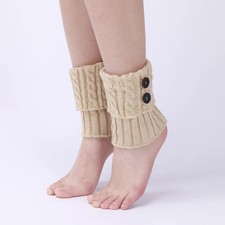 Cotton Leg Warmers Women's Crochet Knit Button Detail Winter Black Warmer