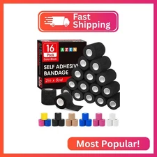 AZEN 16 Pack Self Adhesive Bandage Wrap Black, 2" X 5 Yards Black Athletic Tape,
