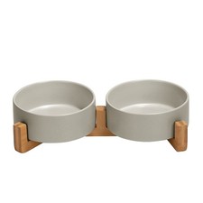 Ceramic Dog And Cat Bowl With Wood Stand Non-slip Matte Glaze Weighted Food W...