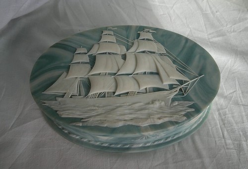 Vintage Avondale Bruchglas 9" ovale Box mit voll manipuliertem Walfangschiff ~ Samt gefüttert - Bild 16 von 16