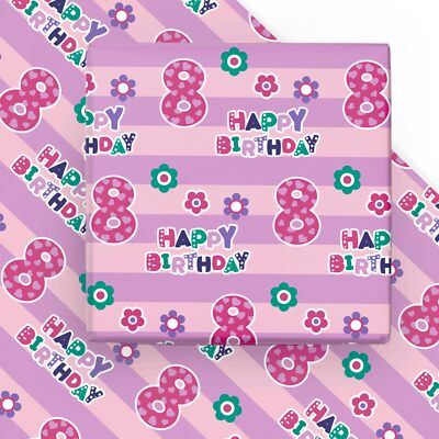 8th Birthday Wrapping Paper - 6 Sheets Pink Happy Birthday with Floral Design...