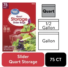 Great Value Fresh Seal Slider Zipper Bags, Quart Storage, 75 Count