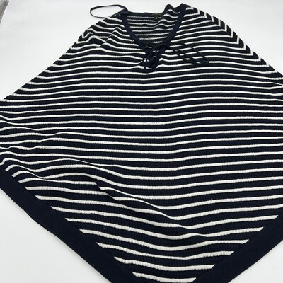 Talbots Poncho Sweater Cape Women's L Striped Navy White Nautical Knit Lace Up