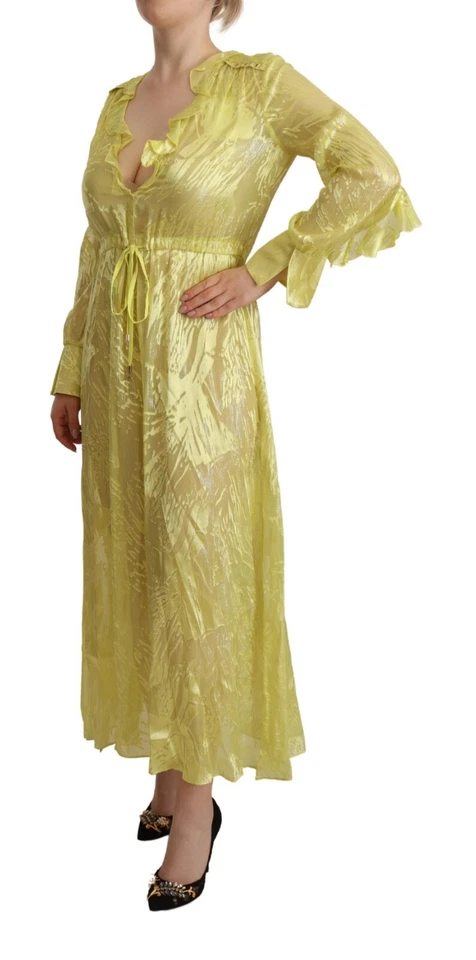 Vestido PATRIZIA PEPE amarelo seda mangas compridas mergulho maxi IT40/US6/S RRP $600 - Imagem 2 de 4