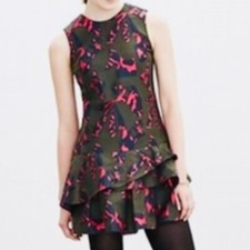 Banana Republic Jaquard Jigsaw Ruffled Mini Dress Women's 4P Olive Green Pink