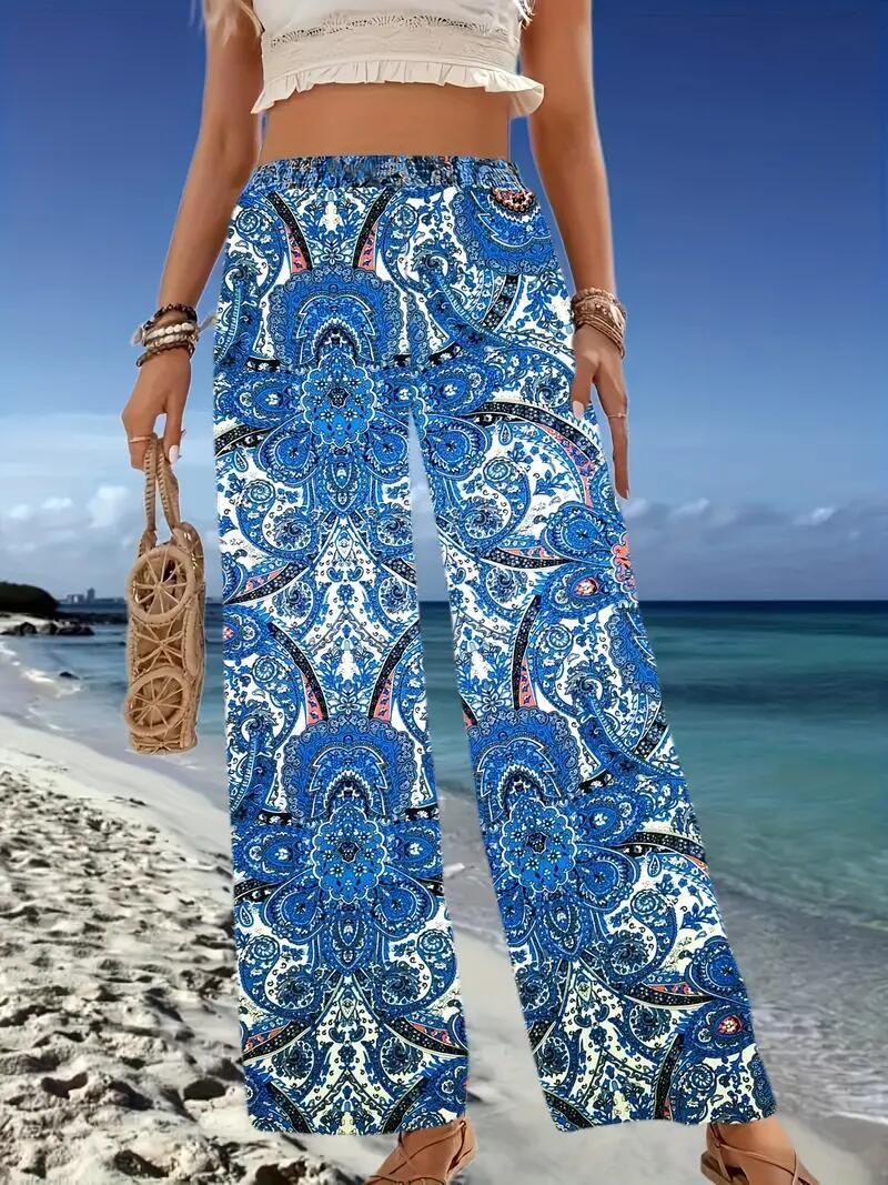 Boho Women Blue Paisley Print Wide Leg Pants Elastic Waist