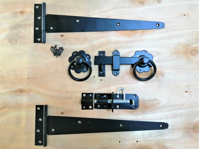 T-Stück Scharnier (2) 14'' Ring Riegel Bolzen Set Schwerlast Gartentor Beschlagset schwarz