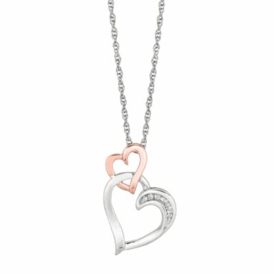 Doppel Herz Halskette mit Diamanten zweifarbig Rose und Weiß Silber 18'' Kette