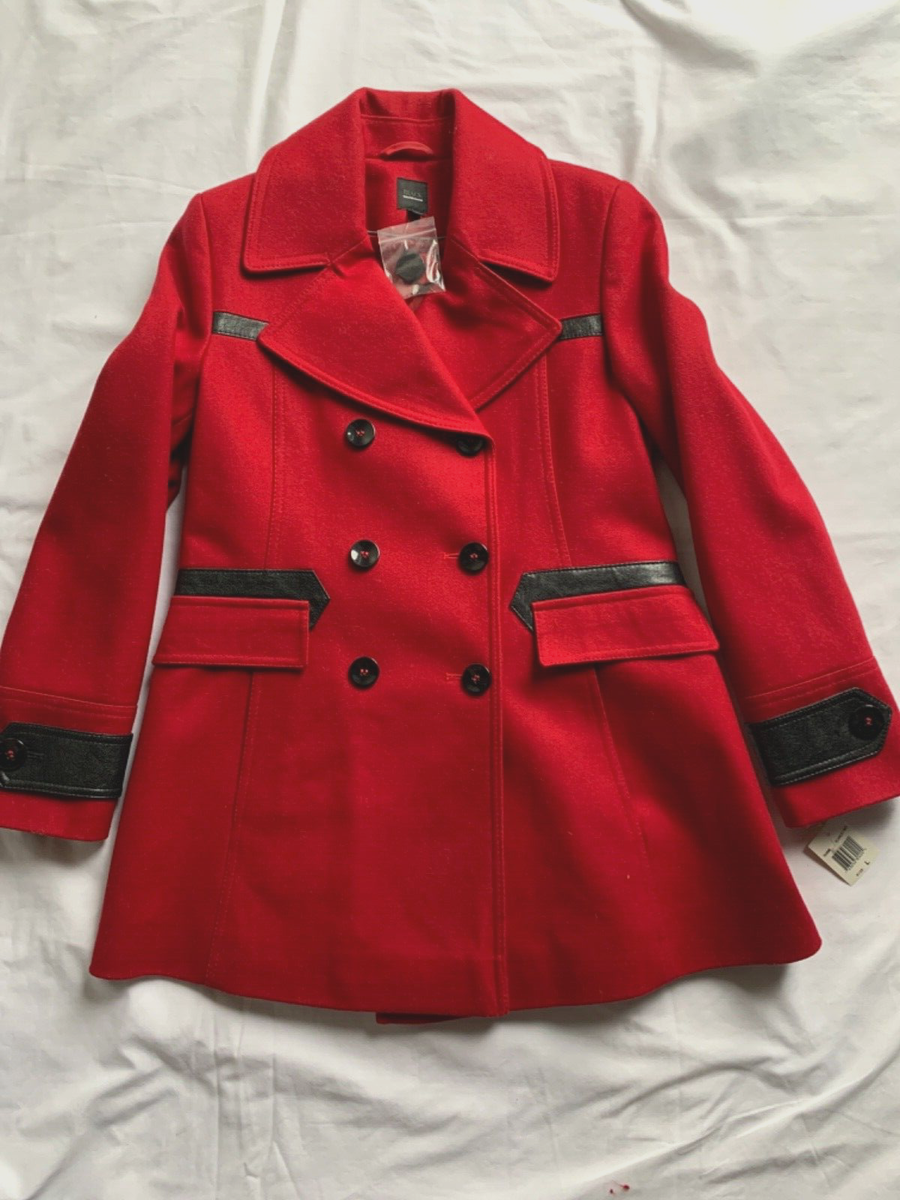 Girls Kids SAKS 5th Avenue Wool Pea Coat leather accents