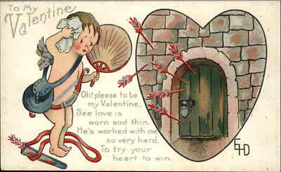 Valentine Sad Cupid Failed to Rescue Girl Arrows Door Lock c1900s-20s Postcard