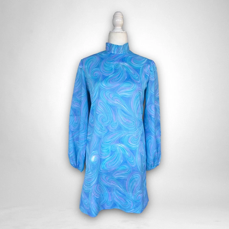 Vestido Vintage Años 70 Mangas Globo Azul Talla S Retro Boho Hippie Groovy Disco Foto 2 de 4