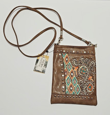 NWT American Bling Crossbody Purse Western Brown Embroider Faux Leather