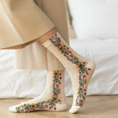3 Paires Fille Coton Mélange Brodé Chaussettes Floral Collants Aléatoire Couleur - Photo 1/4