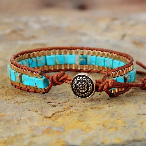 Natural Turquoise Beaded Healing Reiki Chakra Cuff Bracelet Gift for Women Men - Picture 3 of 5