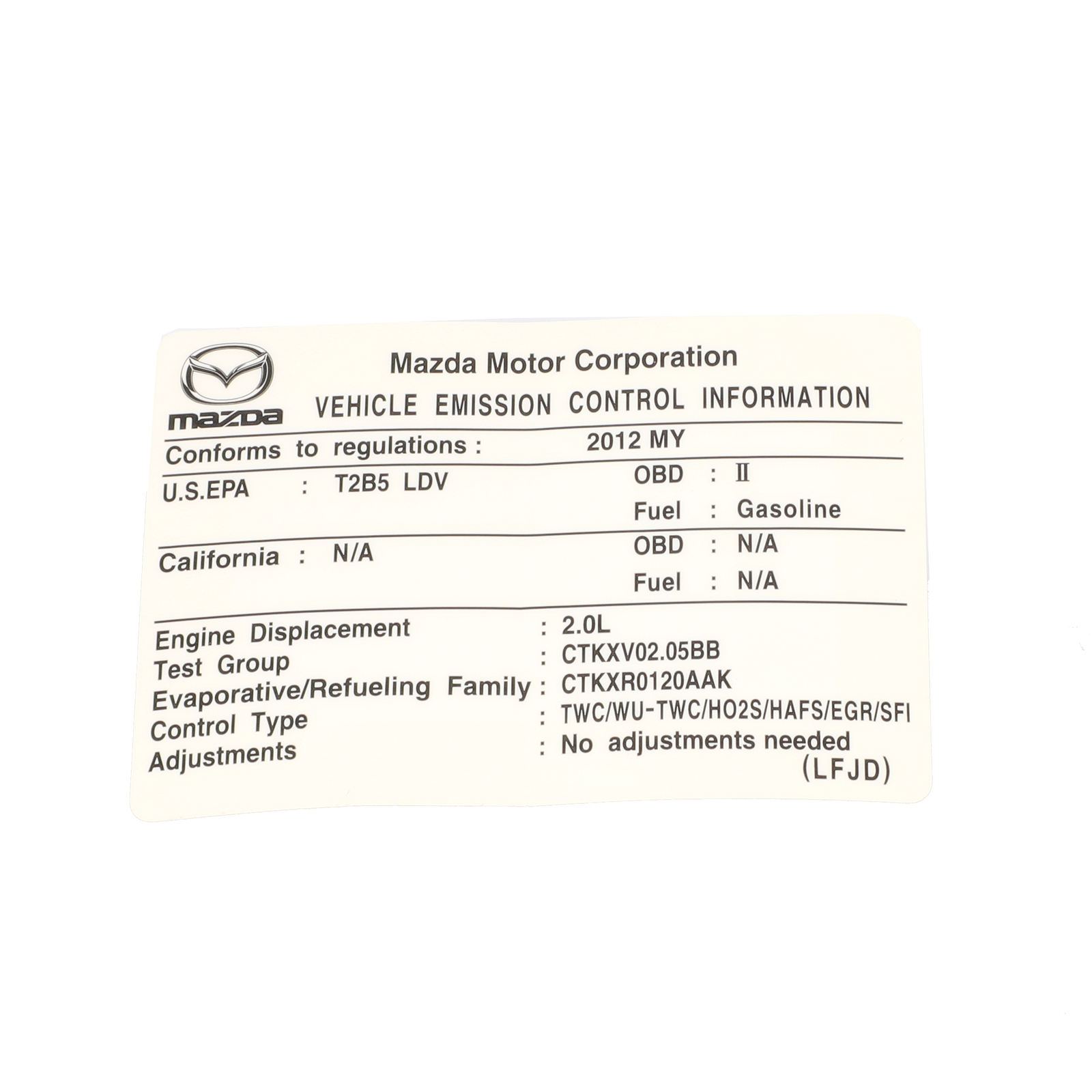 Etiqueta de información de control de emisiones para Mazda 2012-2013 (N/P LFJD-69-036)
