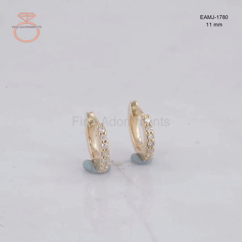 Pave Diamond Solid 14k Gold Huggie Hoop Earrings Dainty Gold Jewelry (Pair) New - Video 1 of 1