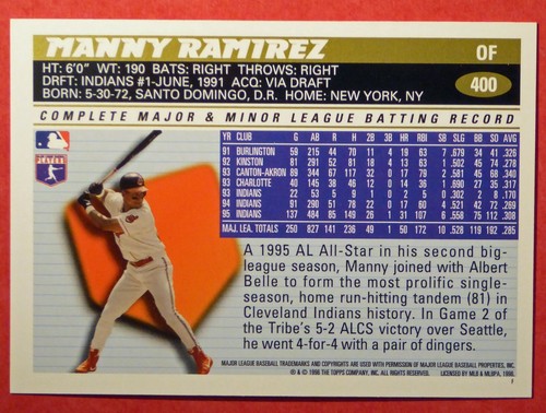 1996 Topps Manny Ramirez #400 (Indians) NM+ - Picture 2 of 2