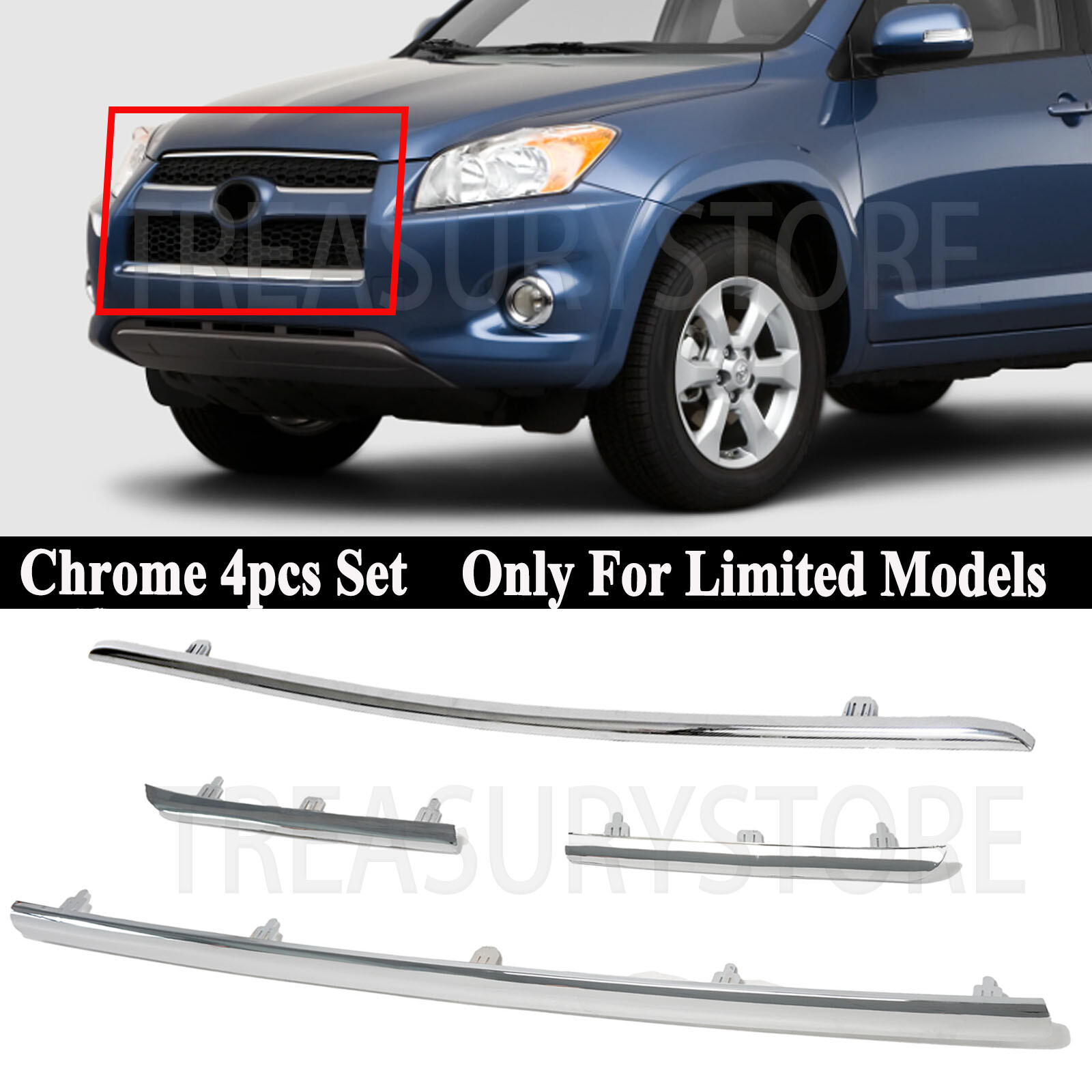 Front Bumper Grille Chrome Molding Trim 4pcs For Toyota RAV4 Limited 2009-2012