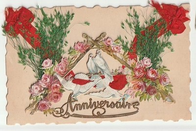 Old postcard fantasy relief BIRTHDAY white doves red ribbon & herbs. Ecrite