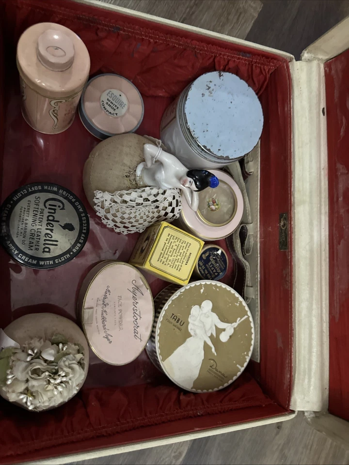 Mala de maquiagem vintage dos anos 140 com um lote de caixa de maquiagem em pó antiga P - Imagem 2 de 4