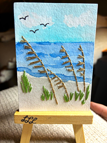 ACEO Original “Tall Grasses at Sea” Seascape Embroidered Watercolor Signed 2026