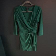 Chaps Green Solid A-Line Dress, V-Neck 3/4 Sleeve Ruched Jersey Stretch M