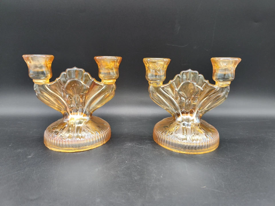 Paire bougeoirs verre ambré irisé Art Déco 14 cm chandelier vintage - Photo 1/4