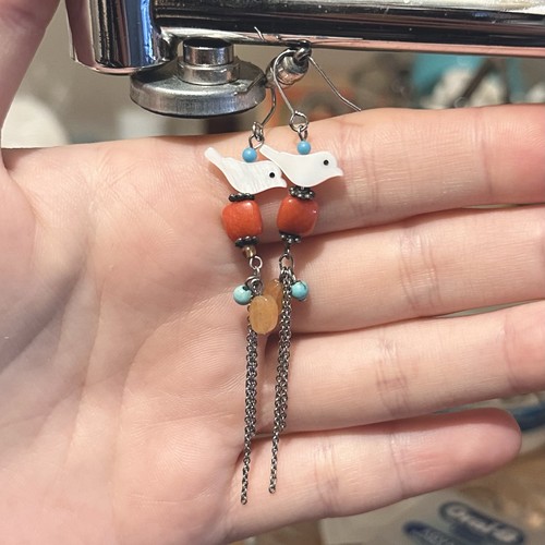 Vintage Native American turquoise, coral, silver bird fetish dangle earrings
