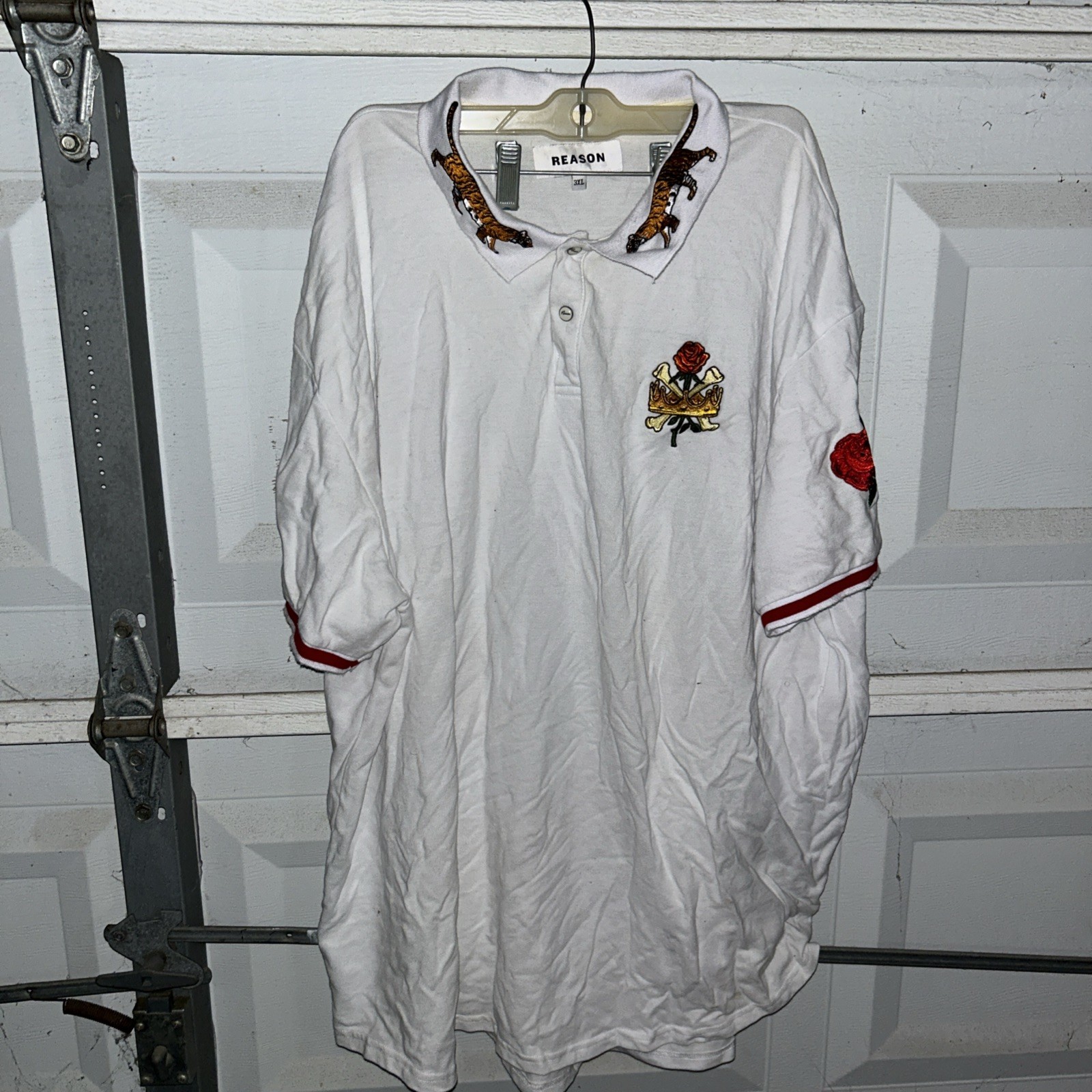 Polo Shirt White 3XL Short Sleeve Shirt With Flower And Tiger Embroidery-image